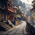 Rustic steps and stone brick buildings in a traditional street style Royalty Free Stock Photo