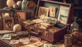 A rustic still life antique suitcase, books, and leather collection generated by AI