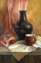 Rustic still life with a black jug and an egg, oil painting Royalty Free Stock Photo