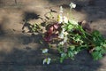 Rustic still life. bouquet with daisies on the background of an old wooden Board Royalty Free Stock Photo