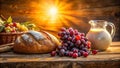Rustic still life of bread, grapes, and milk at sunset. Generative AI Royalty Free Stock Photo