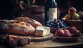 Rustic still life bread, wine, cheese, grapes generated by AI Royalty Free Stock Photo