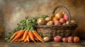 A Rustic Still Life with Carrots, Potatoes, and Beets in a Wicker Basket Royalty Free Stock Photo