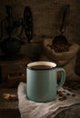 Rustic still life with coffee on the rough wooden background Royalty Free Stock Photo