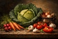 Fresh Organic Vegetables Still Life With Cabbage Tomatoes Carrots And Garlic On Rustic Wooden Table Royalty Free Stock Photo