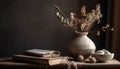 Rustic still life composition old books, wooden table, antique vase generated by AI Royalty Free Stock Photo