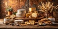 A rustic still life featuring an assortment of artisan cheeses, crackers, nuts, and dried wheat. Generative AI Royalty Free Stock Photo