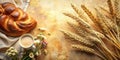 Rustic still life featuring baked bread, wheat sheaves, and wildflowers with a cup of coffee. Generative AI Royalty Free Stock Photo