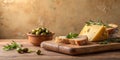 Rustic still life featuring bread, cheese, olives, and herbs on wooden board. Generative AI Royalty Free Stock Photo