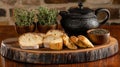 Rustic Still Life Featuring Bread Tea Thyme And Wood Royalty Free Stock Photo