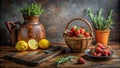 Rustic still life featuring fresh strawberries, lemons, and aromatic herbs in earthenware and wicker. Generative AI Royalty Free Stock Photo