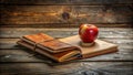A rustic still life featuring a leather-bound journal and a fresh red apple resting on a weathered wooden surface. Generative AI Royalty Free Stock Photo