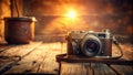 Rustic still life featuring vintage camera and aged metal container at sunset. Generative AI Royalty Free Stock Photo
