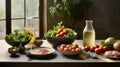 Rustic still life with fresh tomatoes, artisan cheese, and aromatic herbs on vintage wooden table