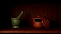 Rustic Still Life with Mortar Pestle and Covered Pot Composition Royalty Free Stock Photo