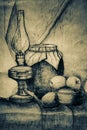 Rustic still life in pencil. apples, mug, jug, lamp. drawn on paper