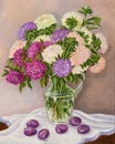 Rustic still life - plums and bouquet of asters in transparent glass vase on white violet cloth. Hand drawn. Original