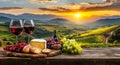 Rustic still life scene with red wine, bread, and a vineyard backdrop at sunset Royalty Free Stock Photo
