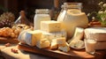 rustic still life of various cheeses and milk in jars, arranged on a wooden board with nuts and decorative elements Royalty Free Stock Photo