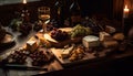 A rustic still life Wine, cheese, bread generated by AI Royalty Free Stock Photo