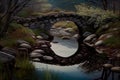 rustic stone bridge over babbling brook, with reflection in the water Royalty Free Stock Photo