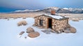 Rustic stone cabin in snowy landscape with mountains in the background Royalty Free Stock Photo