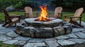 A rustic stone fire pit surrounded by rustic wooden chairs giving off a charming and rustic vibe. 2d flat cartoon Royalty Free Stock Photo