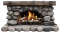 Rustic stone fireplace with a blazing fire, built with rounded stones and wooden logs, providing warmth and comfort Royalty Free Stock Photo