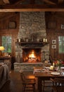 Rustic Stone Fireplace in Cozy Cabin Interior Royalty Free Stock Photo