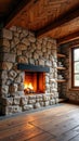 Rustic stone fireplace in cozy cabin interior with wooden ceiling and shelves Royalty Free Stock Photo