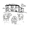 Rustic stone house Traditional architecture English cottage with sheep. Vector hand drawn illustration. Royalty Free Stock Photo