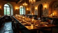 Rustic stone interior setting with a long wooden table elegantly prepared for a formal dinner party, featuring candlelight and Royalty Free Stock Photo