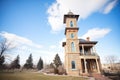 rustic stone italianate mansion with a solid belvedere tower