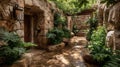 Rustic Stone Pathway Garden with Lush Greenery and Sunlight Royalty Free Stock Photo