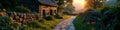 Rustic stone pathway winding towards house, soft dusk glow , design, dark Royalty Free Stock Photo