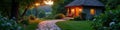 Rustic stone pathway winding towards house, soft dusk glow , lighting, glow, winding Royalty Free Stock Photo
