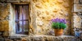 Rustic stone wall with aged window and potted lavender bathed in sunlight. Generative AI Royalty Free Stock Photo