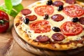 Rustic stonebaked pizza with chorizo salami Royalty Free Stock Photo