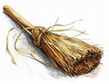 Rustic Straw Broom Close Up on White Surface with Detailed Wood Texture Royalty Free Stock Photo