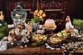 Rustic style Easter table with traditional white borscht and salad