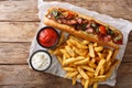 Rustic style hot dog with bacon and vegetables served with french fries and sauces close-up. horizontal top view Royalty Free Stock Photo