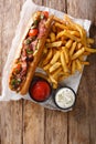 Rustic style hot dog with bacon and vegetables served with french fries and sauces close-up. Vertical top view Royalty Free Stock Photo