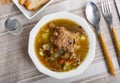 Rustic style pearl barley mushroom soup with pork and vegetables Royalty Free Stock Photo