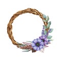 Rustic style tender wreath. Vine twisted wreath with blue anemone flowers, lavender, eucalyptus leaves, fern. Watercolor