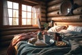 Rustic stylish interior of log cabin bedroom, generative AI Royalty Free Stock Photo