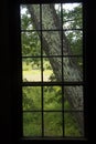 Rustic summer scene through vertical window, New England. Royalty Free Stock Photo