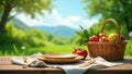 A rustic summer table setting with freshly harvested produce and a panoramic view. Generative AI Royalty Free Stock Photo