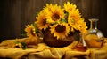 Rustic sunflower still life with sunflower oil, seeds, and burlap napkins in a rustic composition Royalty Free Stock Photo