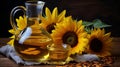 Rustic sunflower still life with sunflower oil, seeds, and burlap napkins in rustic composition Royalty Free Stock Photo