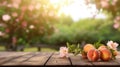 Rustic table against serene peach garden, AI improved image ideal for product display